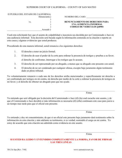 Formulario TR-23A SPA Renunciamiento De Derechos Para Una Audiencia Informal Codigo De Vehiculos 40901 - County of San Mateo, California (Spanish)