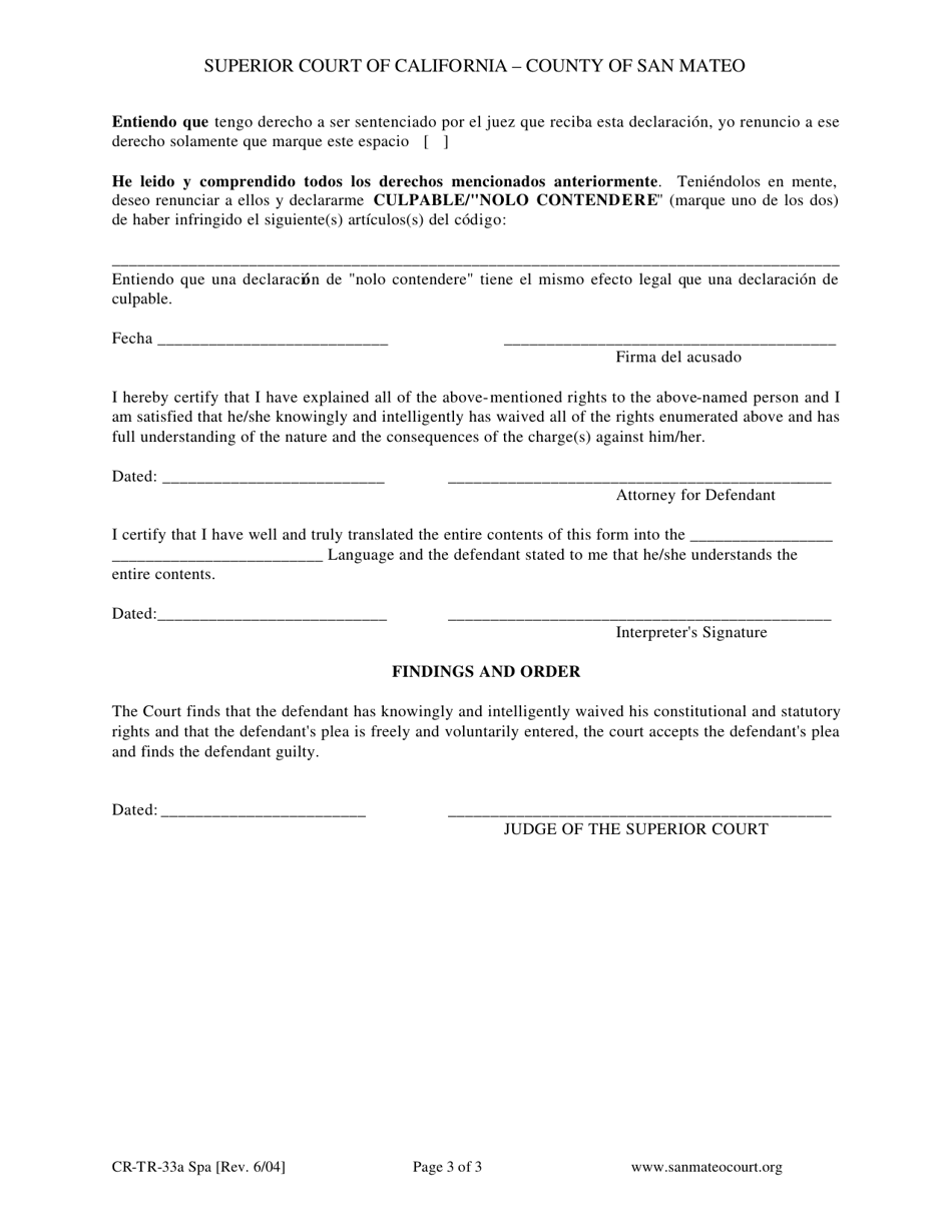 Formulario CR-TR-33A Renuncia De Derechos Al Declararse El Acusado Culpable O Nolo Contendere - County of San Mateo, California (Spanish), Page 3
