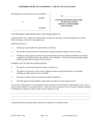 Document preview: Form CR-TR-33 Waiver of Rights for Entry of Plea of Guilty or Nolo Contendere (No Contest) - County of San Mateo, California