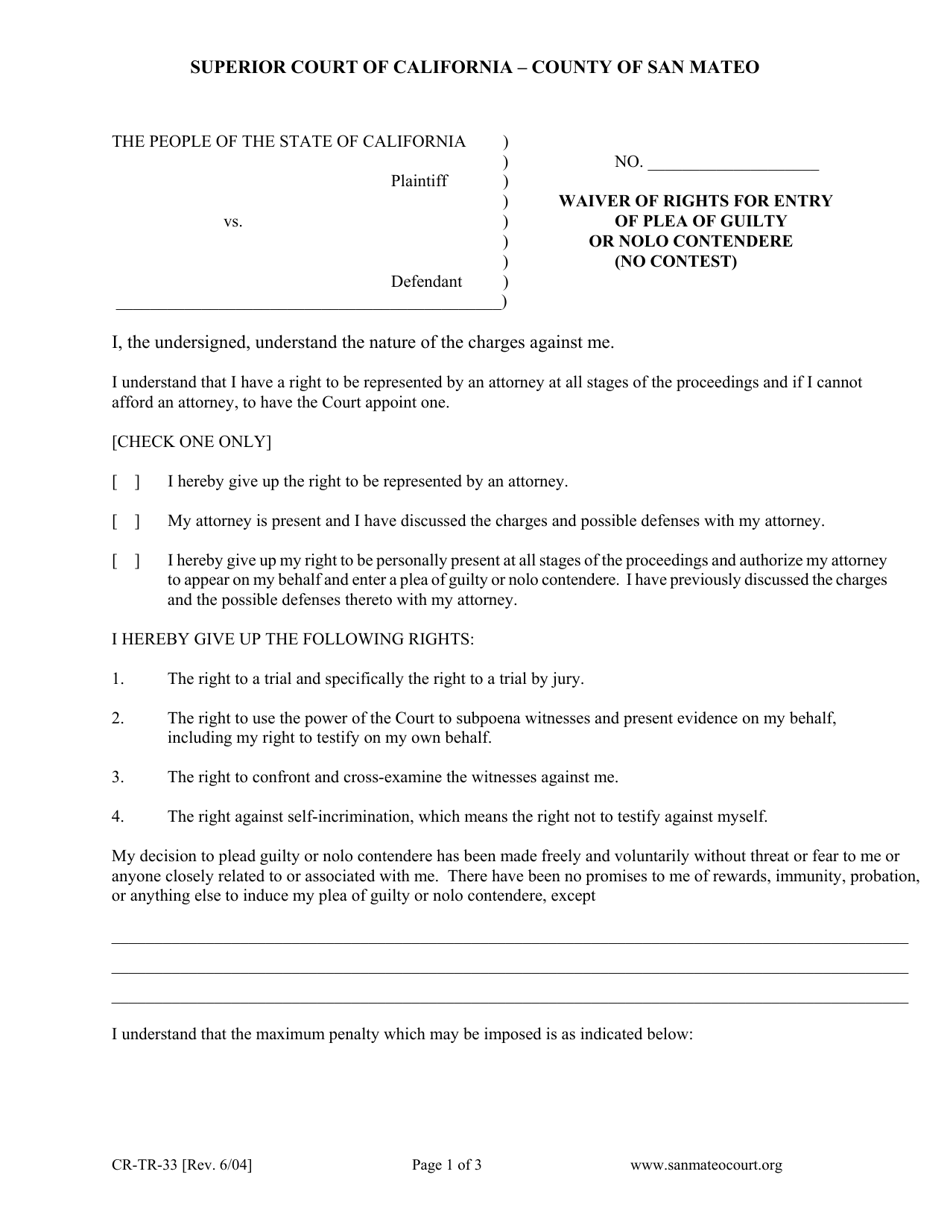Form CR-TR-33 Waiver of Rights for Entry of Plea of Guilty or Nolo Contendere (No Contest) - County of San Mateo, California, Page 1