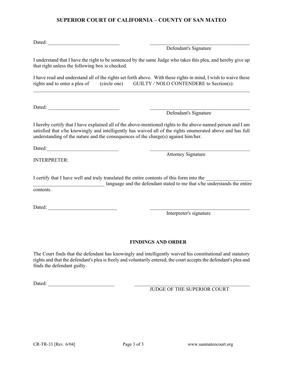 Form CR-TR-33 Waiver of Rights for Entry of Plea of Guilty or Nolo Contendere (No Contest) - County of San Mateo, California, Page 3