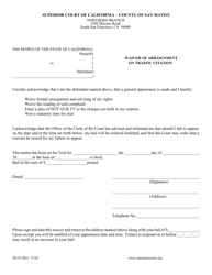 Document preview: Form TR-43 Waiver of Arraignment on Traffic Citation - County of San Mateo, California