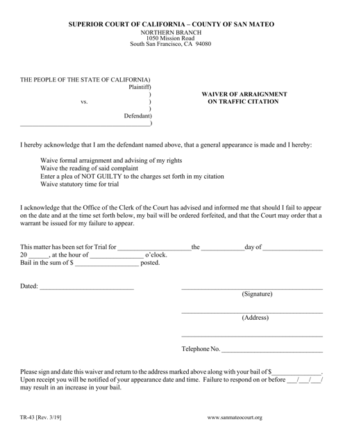 Form TR-43 Waiver of Arraignment on Traffic Citation - County of San Mateo, California