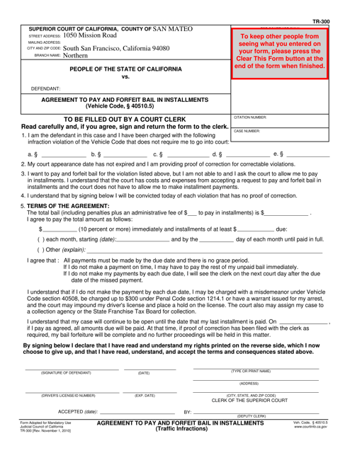 Form TR-300 Agreement to Pay and Forfeit Bail in Installments - County of San Mateo, California
