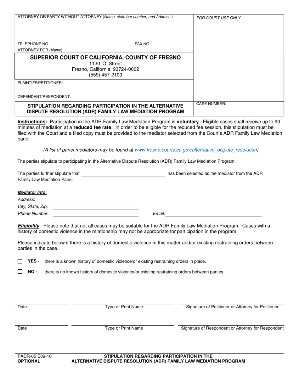 Form PADR-05 Stipulation Regarding Participation in the Alternative Dispute Resolution (Adr) Family Law Mediation Program - County of Fresno, California, Page 1