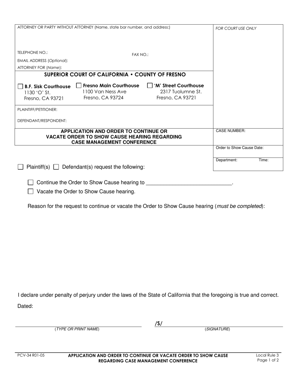 Form PCV-34 Application and Order to Continue or Vacate Order to Show Cause Hearing Regarding Case Management Conference - County of Fresno, California, Page 1