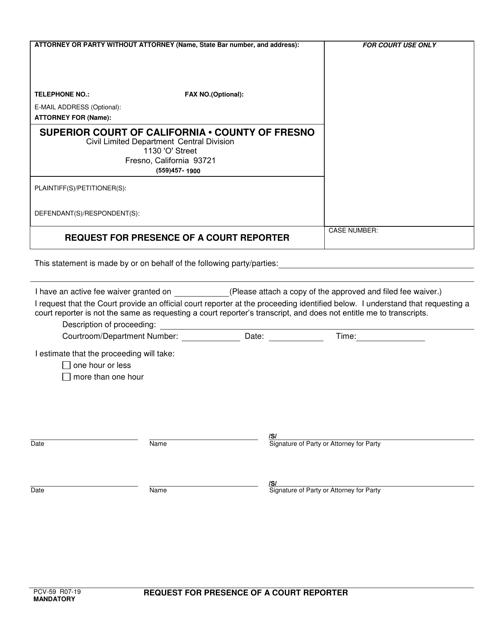Form PCV-59 Request for Presence of a Court Reporter - County of Fresno, California