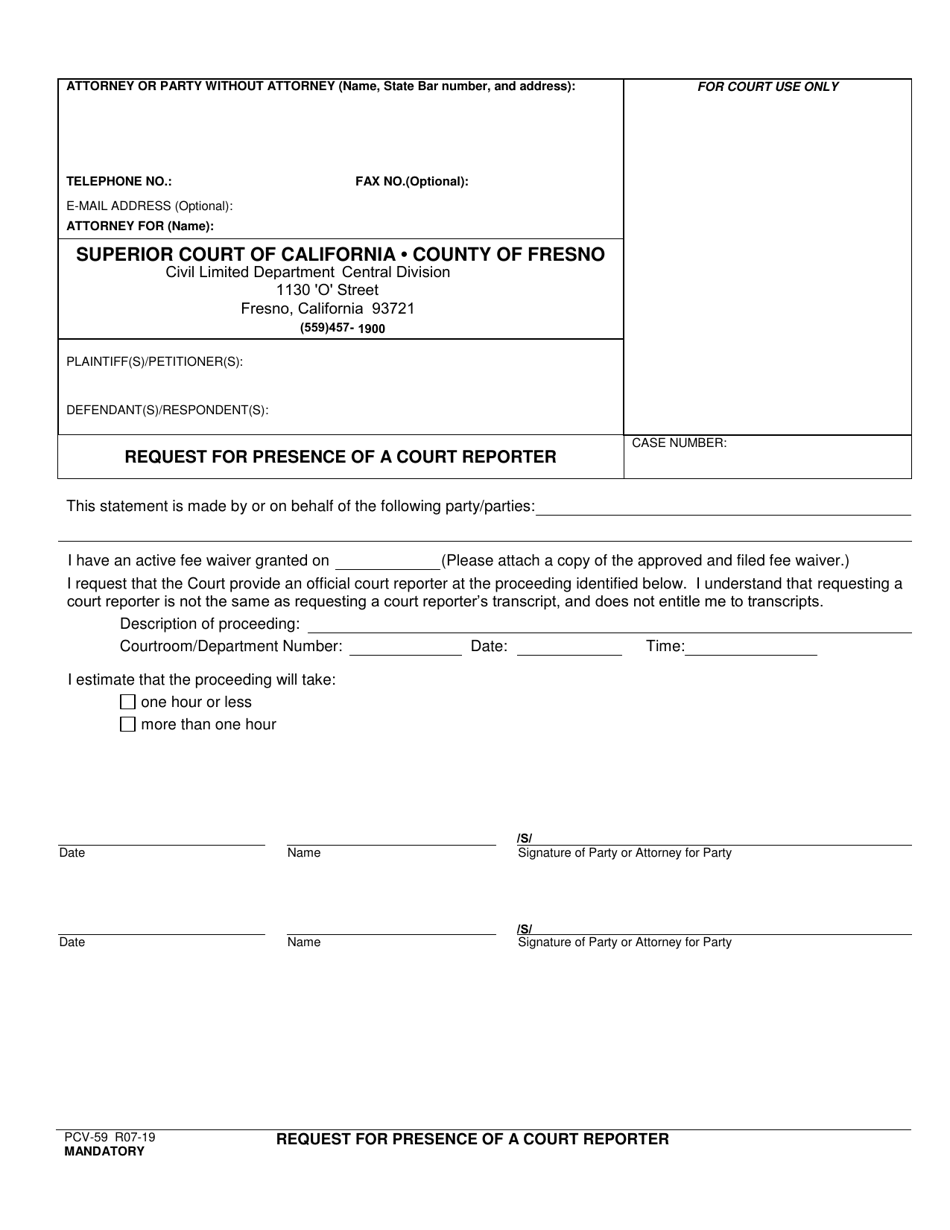 Form PCV-59 Request for Presence of a Court Reporter - County of Fresno, California, Page 1