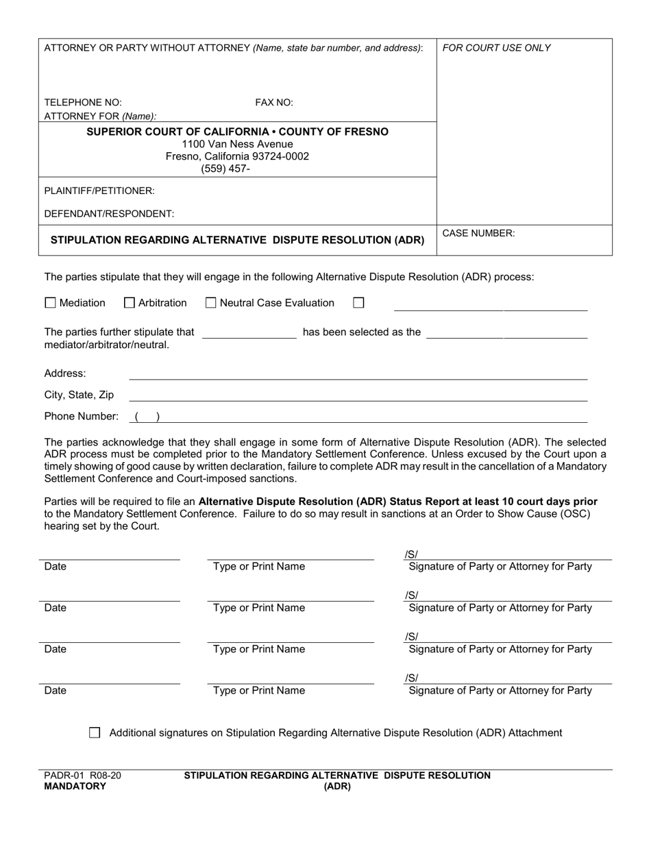 Form PADR-01 Stipulation Regarding Alternative Dispute Resolution (Adr) - County of Fresno, California, Page 1