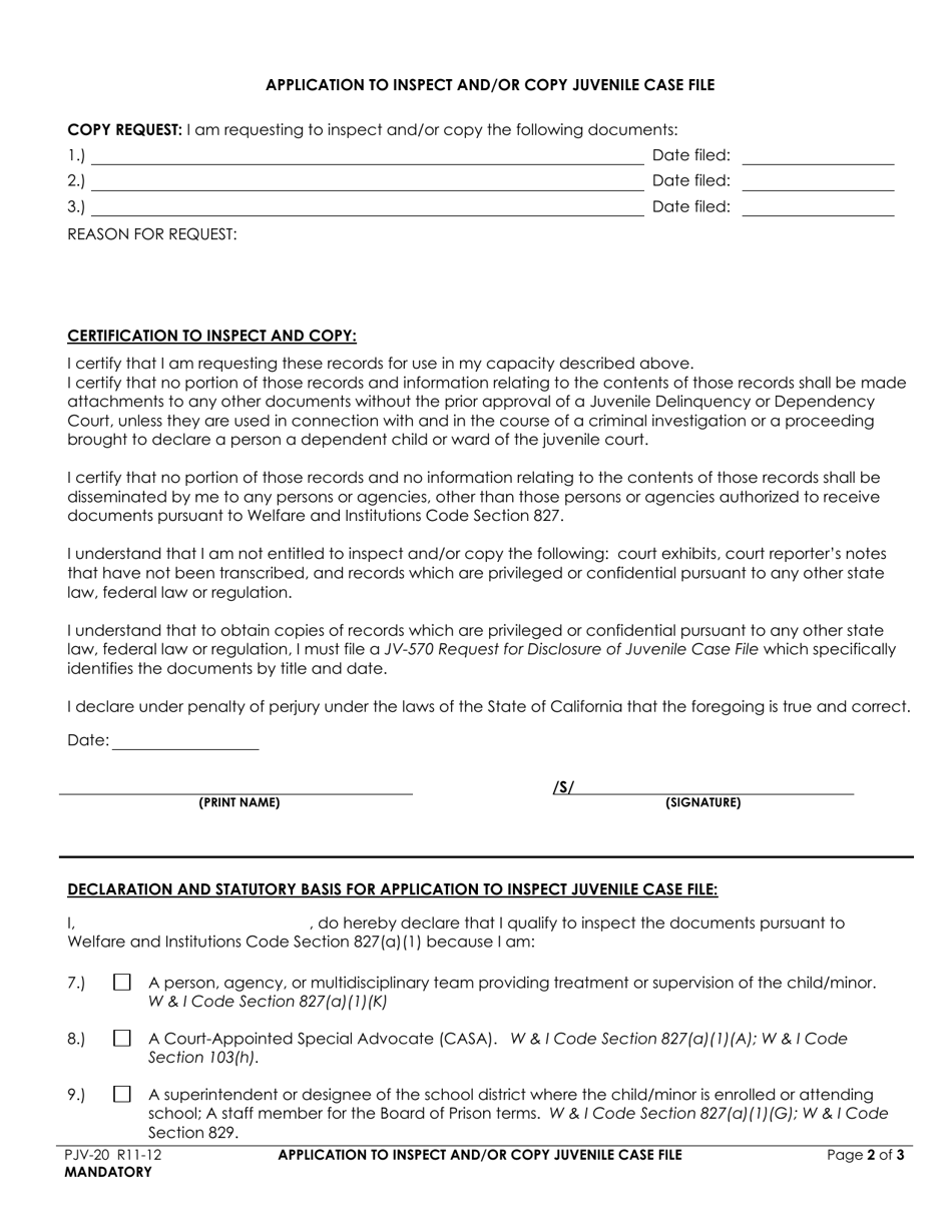 Form PJV-20 Application to Inspect and / or Copy Juvenile Case File - County of Fresno, California, Page 2