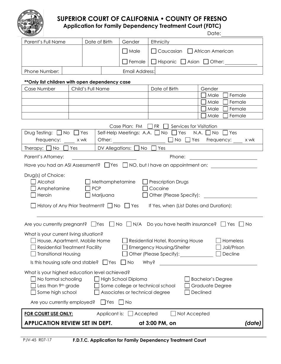 Form PJV-45 Application for Family Dependency Treatment Court (Fdtc) - County of Fresno, California, Page 1