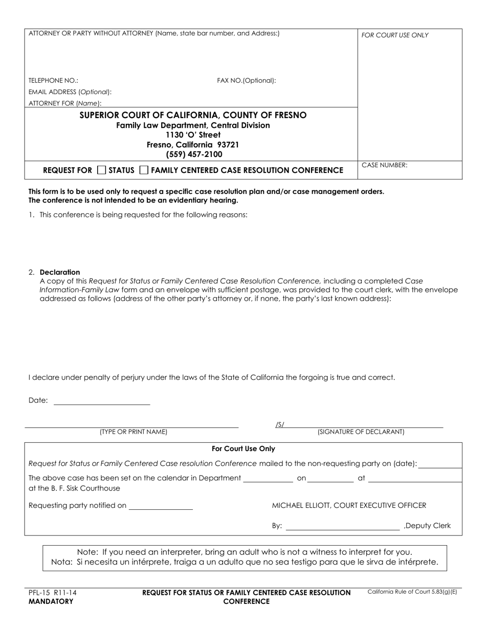 Form PFL-15 Request for Status / Family Centered Case Resolution Conference - County of Fresno, California, Page 1