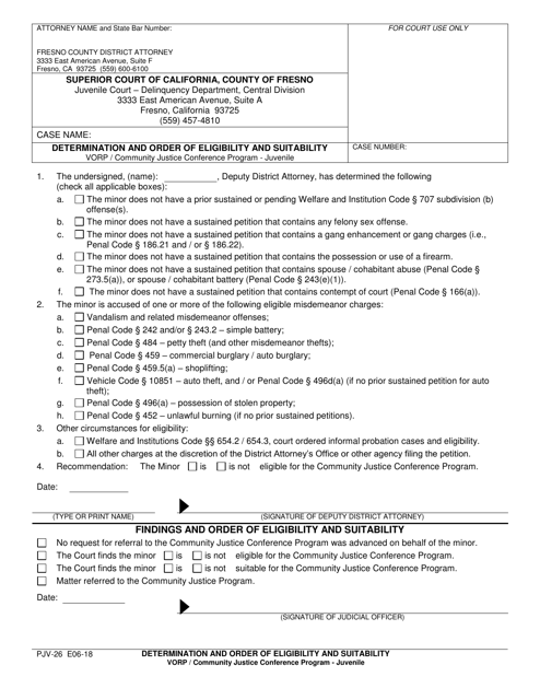 Form PJV-26 Determination and Order of Eligibility and Suitability - Vorp/Community Justice Conference Program Deputy District Attorney - County of Fresno, California