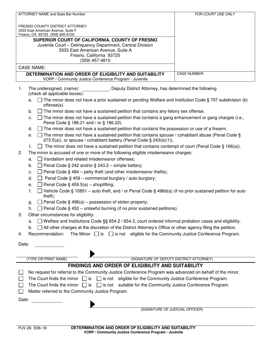 Form PJV-26 Determination and Order of Eligibility and Suitability - Vorp / Community Justice Conference Program Deputy District Attorney - County of Fresno, California, Page 1