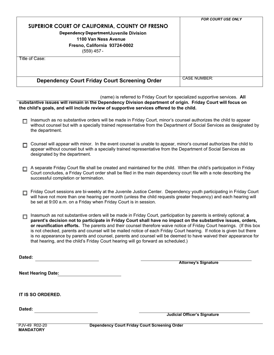 Form PJV-49 Dependency Court Friday Court Screening Order - County of Fresno, California, Page 1