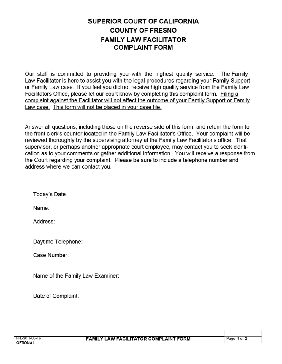Form PFL-30 Family Law Facilitator Complaint Form - County of Fresno, California, Page 1