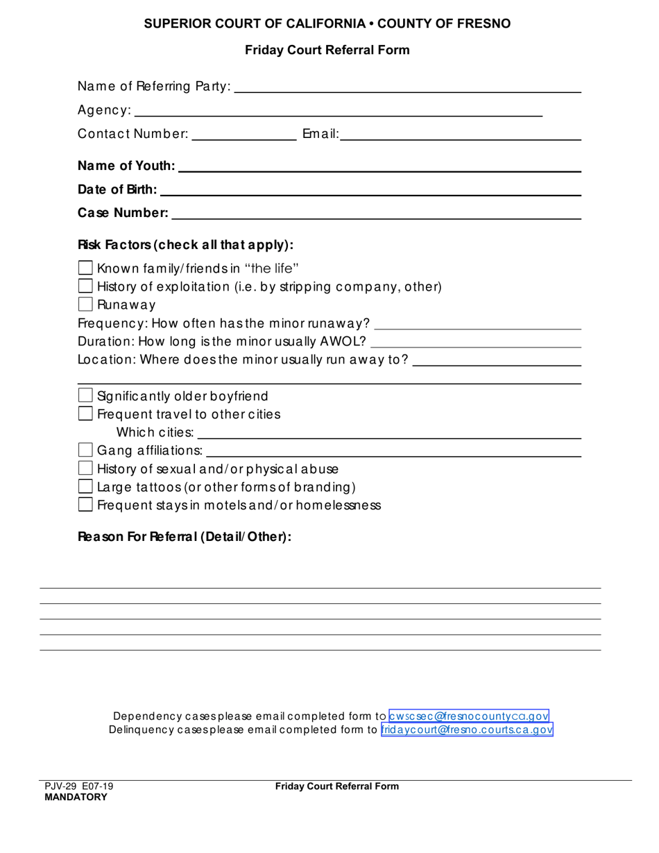 Form PJV-29 Friday Court Referral Form - County of Fresno, California, Page 1