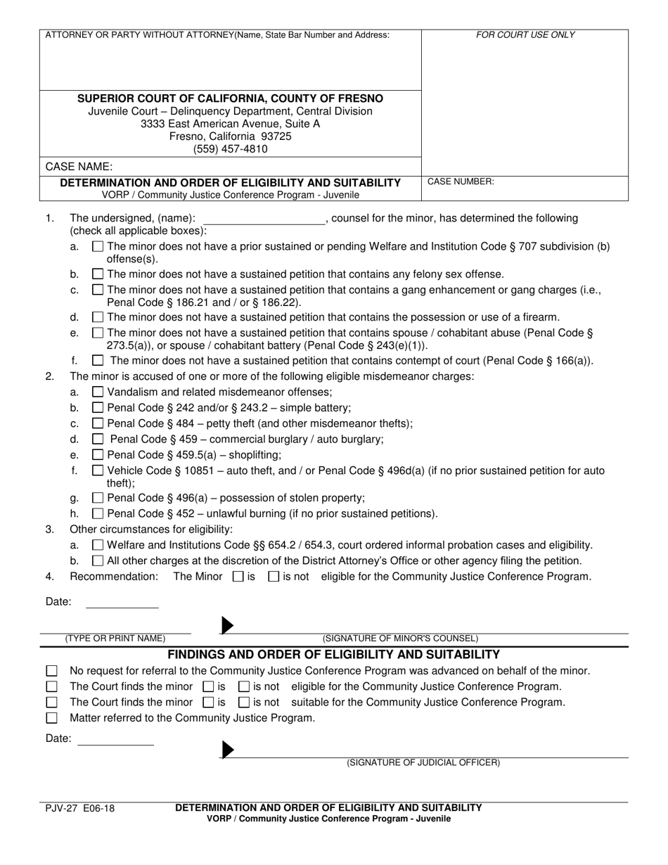Form PJV-27 Determination and Order of Eligibility and Suitability - Vorp / Community Justice Conference Program Counsel - County of Fresno, California, Page 1