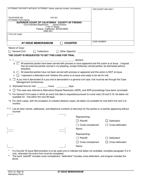 Form PCV-12 At Issue Memorandum - County of Fresno, California