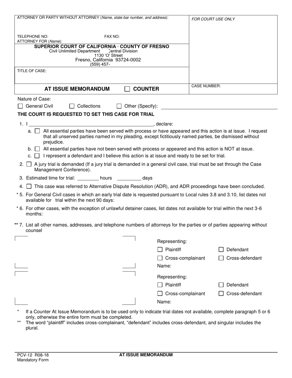 Form PCV-12 At Issue Memorandum - County of Fresno, California, Page 1