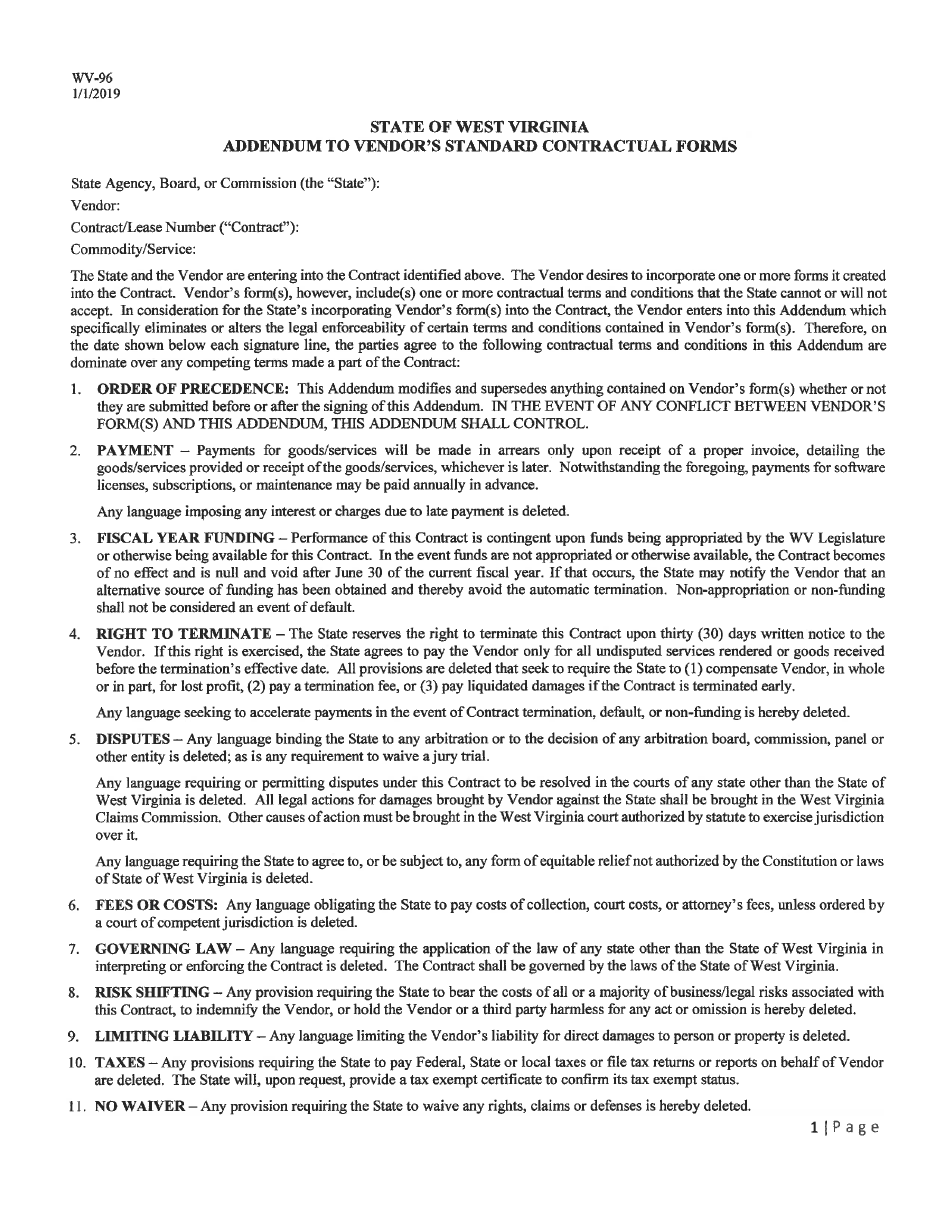 Addendum to Vendors Standard Contractual Forms - West Virginia, Page 1