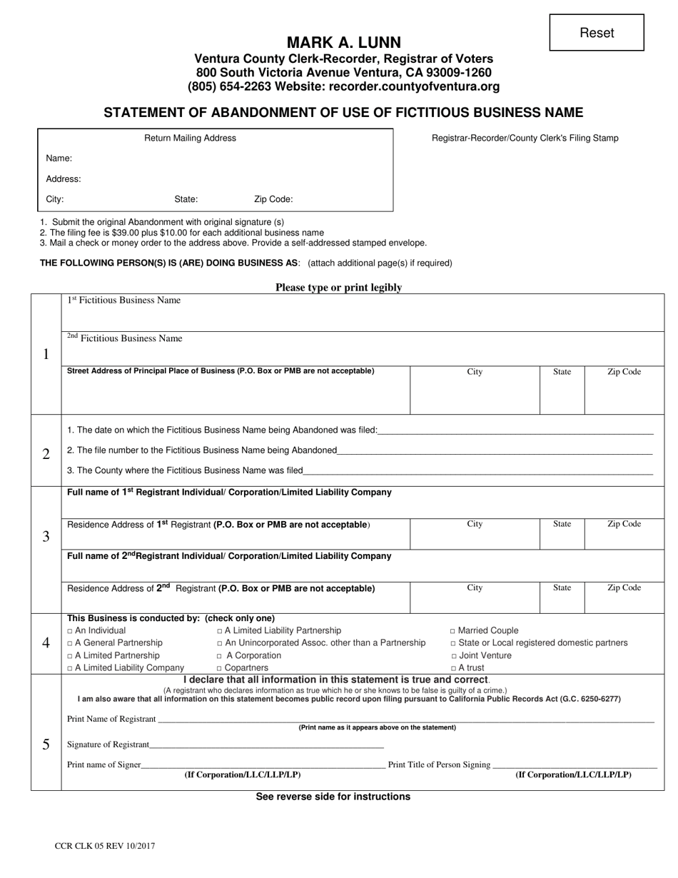 Form CCR CLK05 Statement of Abandonment of Use of Fictitious Business Name - Ventura County, California, Page 1
