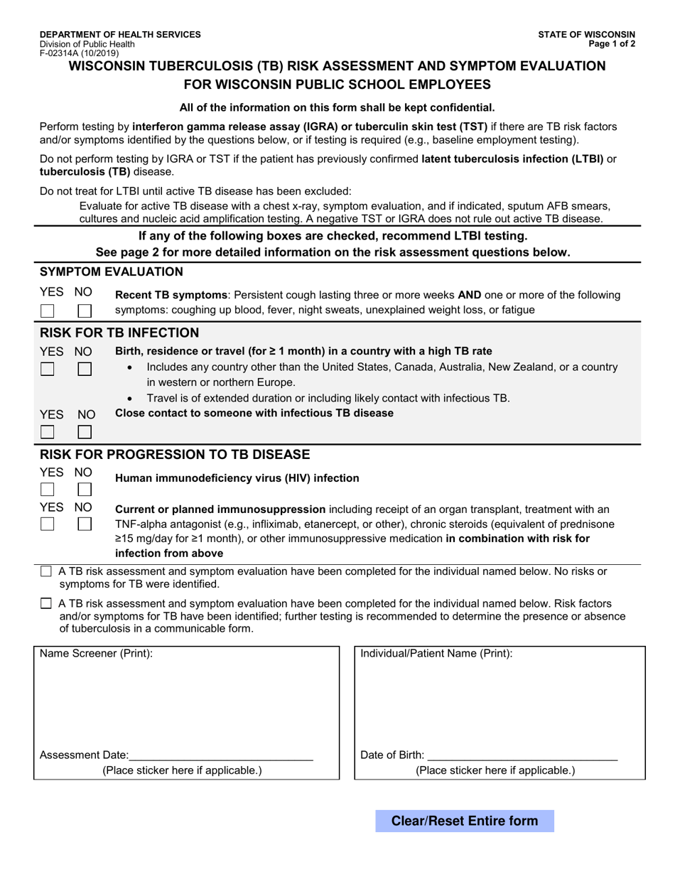 Form F-02314A Wisconsin Tuberculosis (Tb) Risk Assessment and Symptom Evaluation for Wisconsin Public School Employees - Wisconsin, Page 1