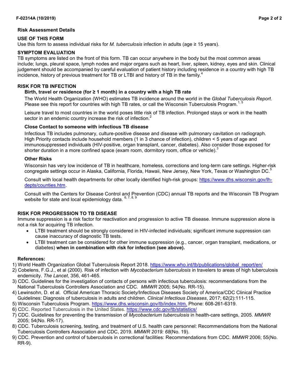 Form F-02314A Wisconsin Tuberculosis (Tb) Risk Assessment and Symptom Evaluation for Wisconsin Public School Employees - Wisconsin, Page 2