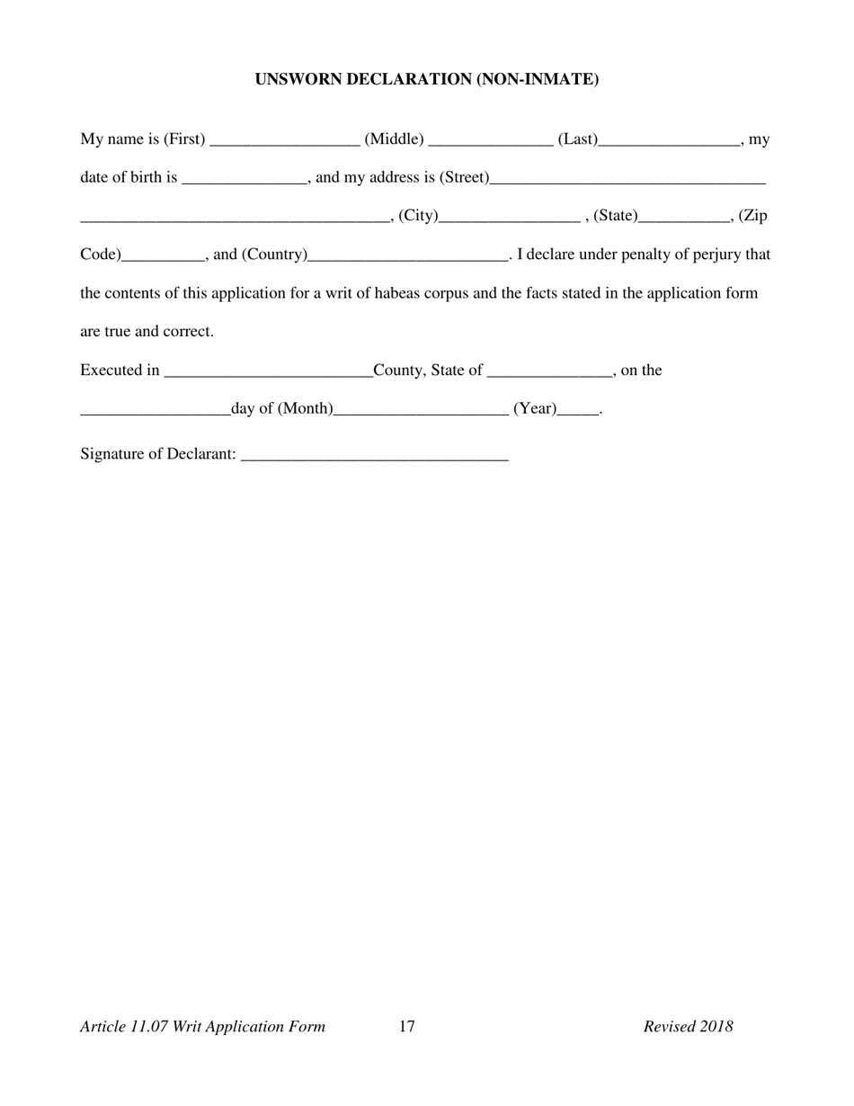 Appendix E Application for a Writ of Habeas Corpus Seeking Relief From Final Felony Conviction Under Code of Criminal Procedure Article 11.07 - Texas, Page 19