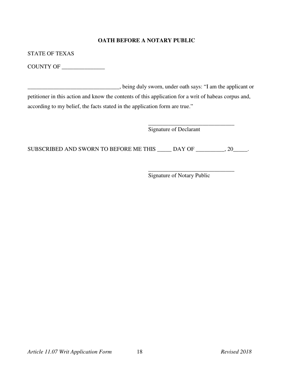 Appendix E Application for a Writ of Habeas Corpus Seeking Relief From Final Felony Conviction Under Code of Criminal Procedure Article 11.07 - Texas, Page 20