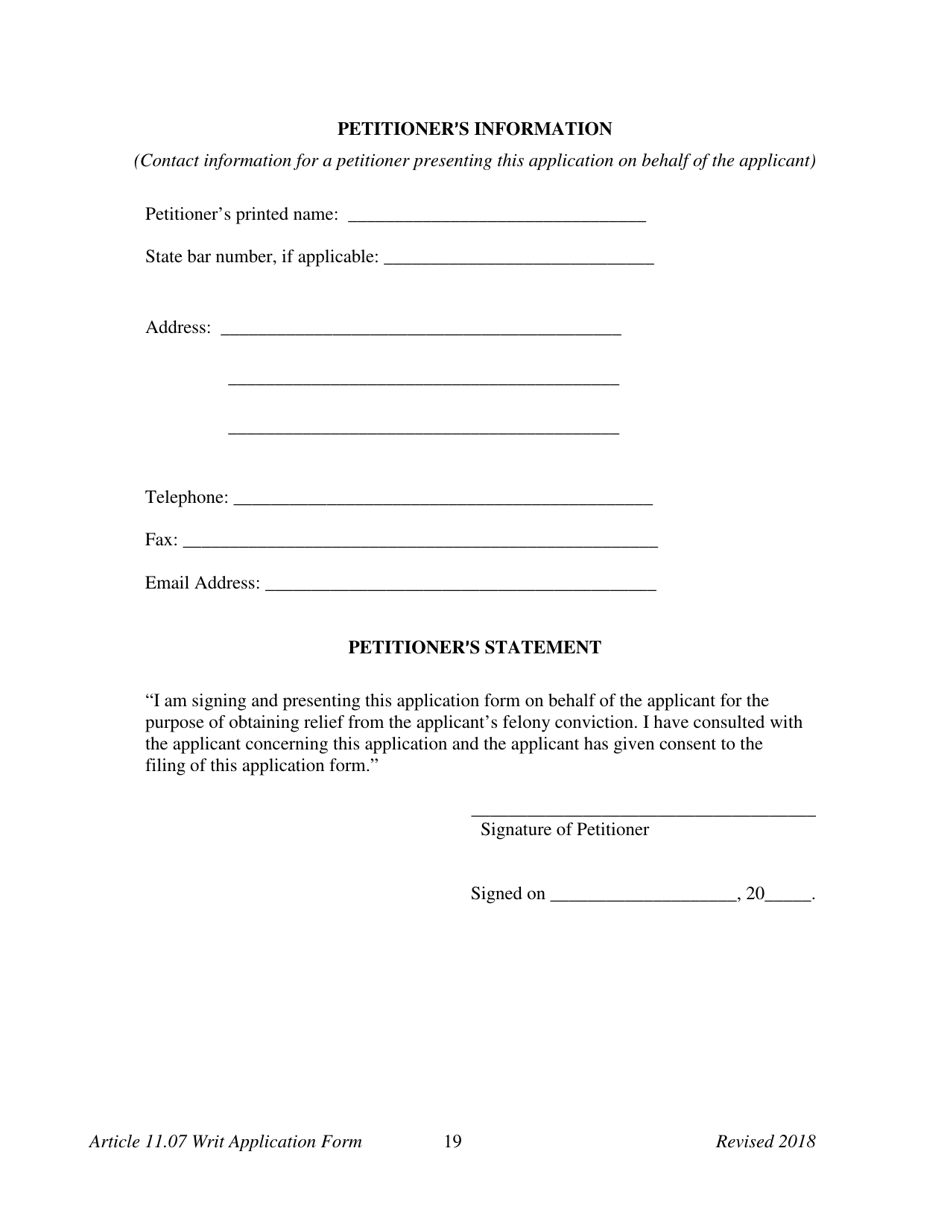 Appendix E Application for a Writ of Habeas Corpus Seeking Relief From Final Felony Conviction Under Code of Criminal Procedure Article 11.07 - Texas, Page 21