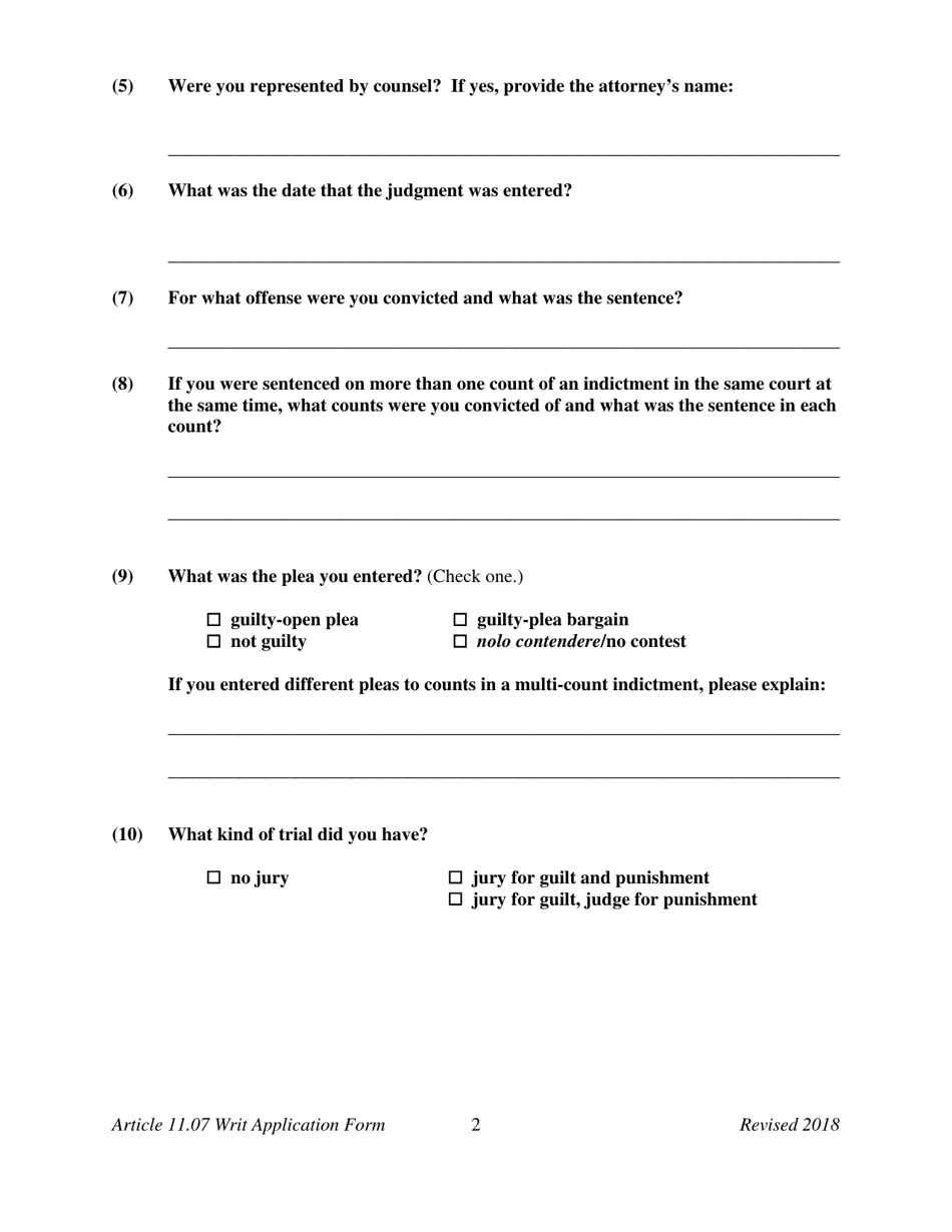 Appendix E Application for a Writ of Habeas Corpus Seeking Relief From Final Felony Conviction Under Code of Criminal Procedure Article 11.07 - Texas, Page 4
