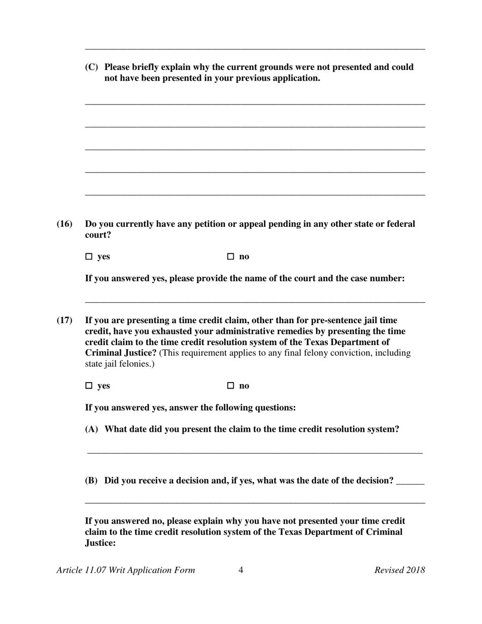 Appendix E Application for a Writ of Habeas Corpus Seeking Relief From Final Felony Conviction Under Code of Criminal Procedure Article 11.07 - Texas, Page 6