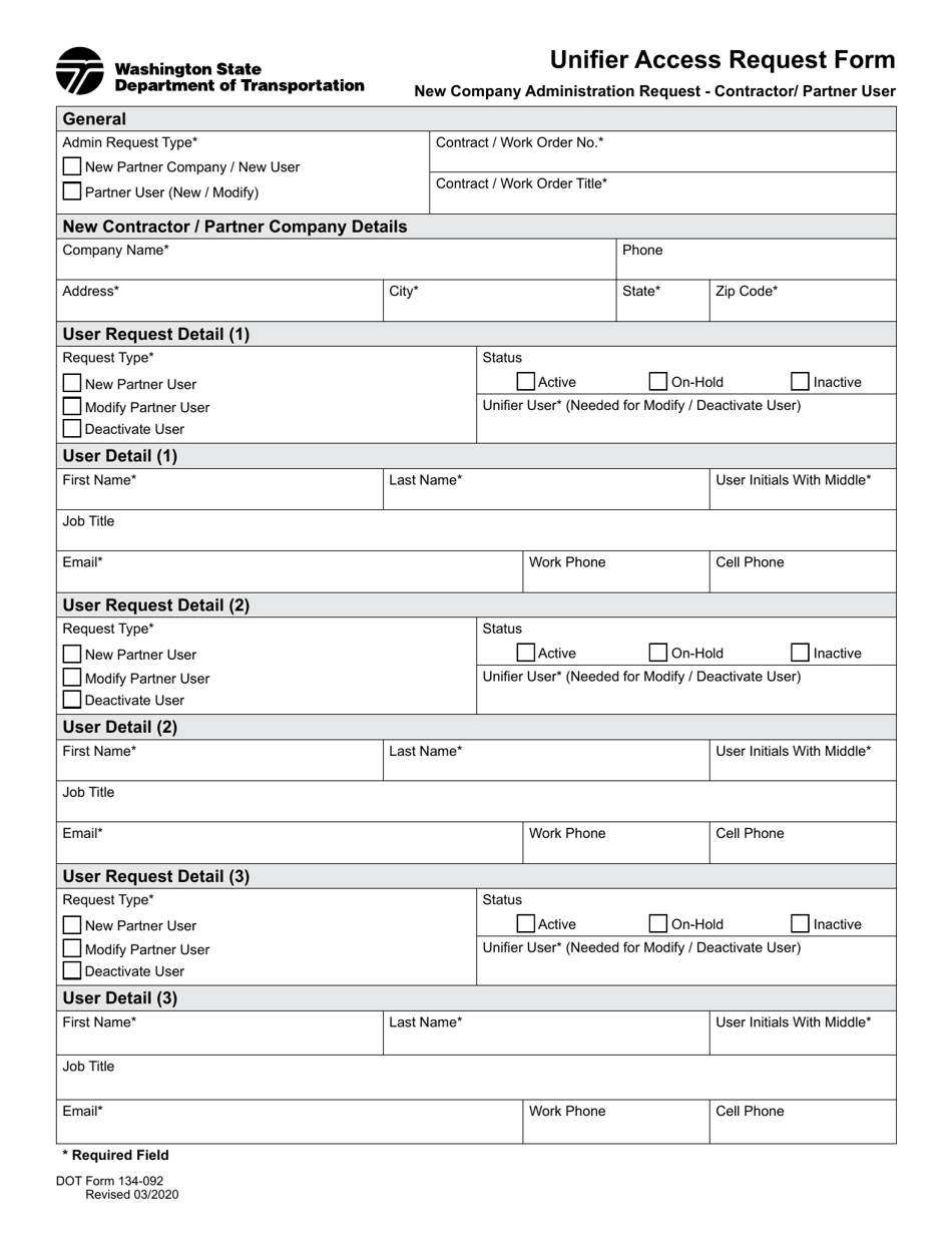 DOT Form 134-092 Unified Access Request Form - Washington, Page 1
