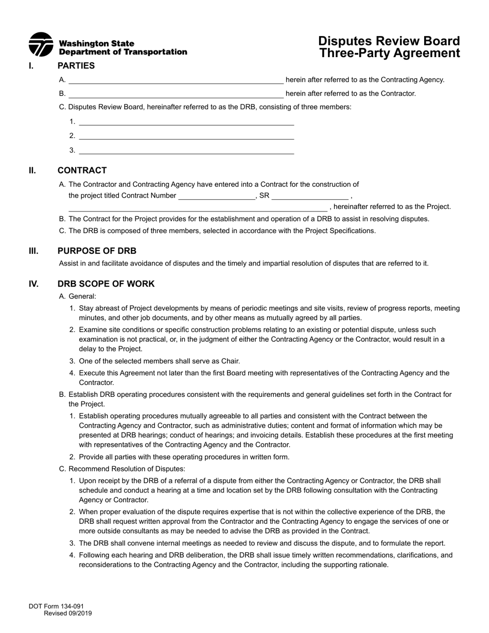 DOT Form 134-091 Disputes Review Board Three-Party Agreement - Washington, Page 1