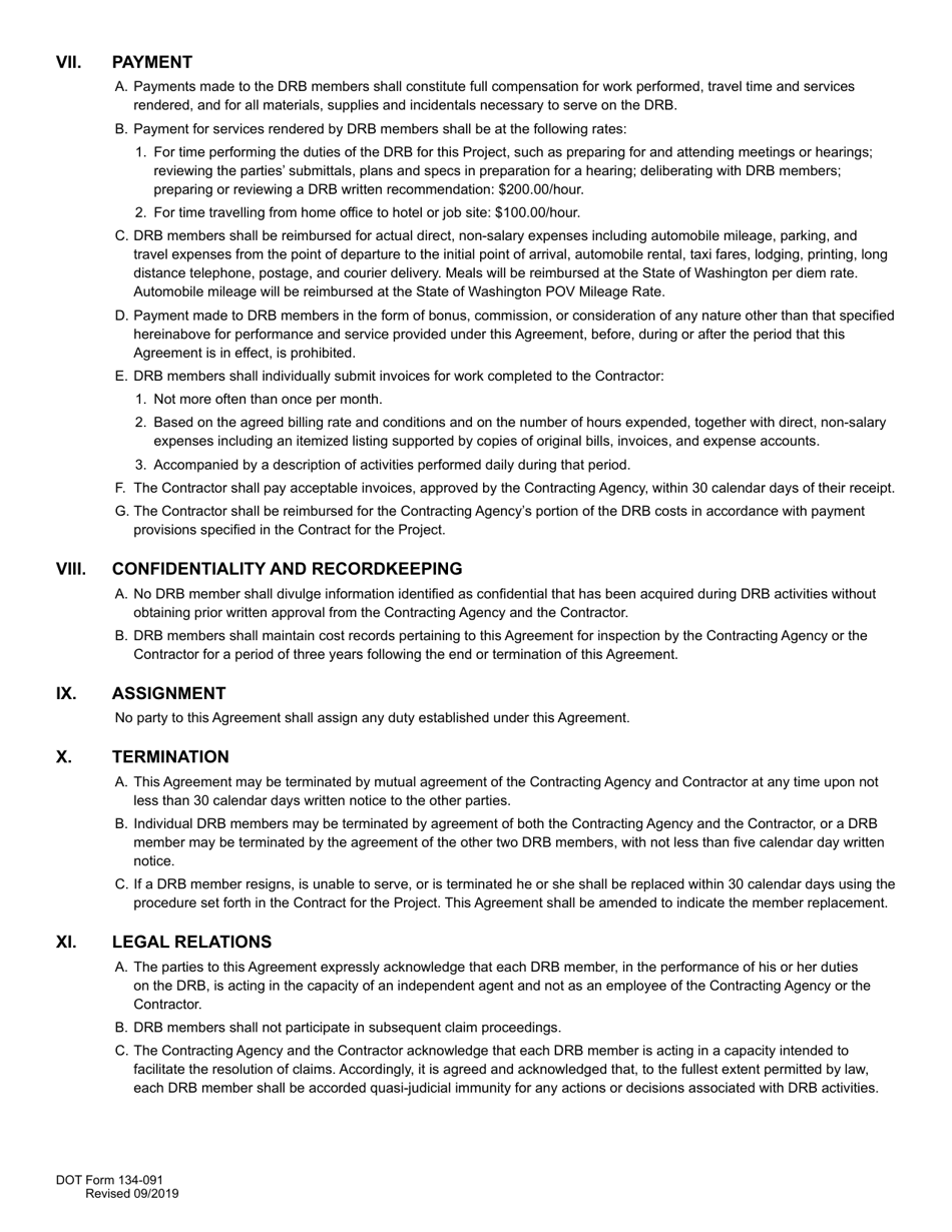 DOT Form 134-091 Disputes Review Board Three-Party Agreement - Washington, Page 3