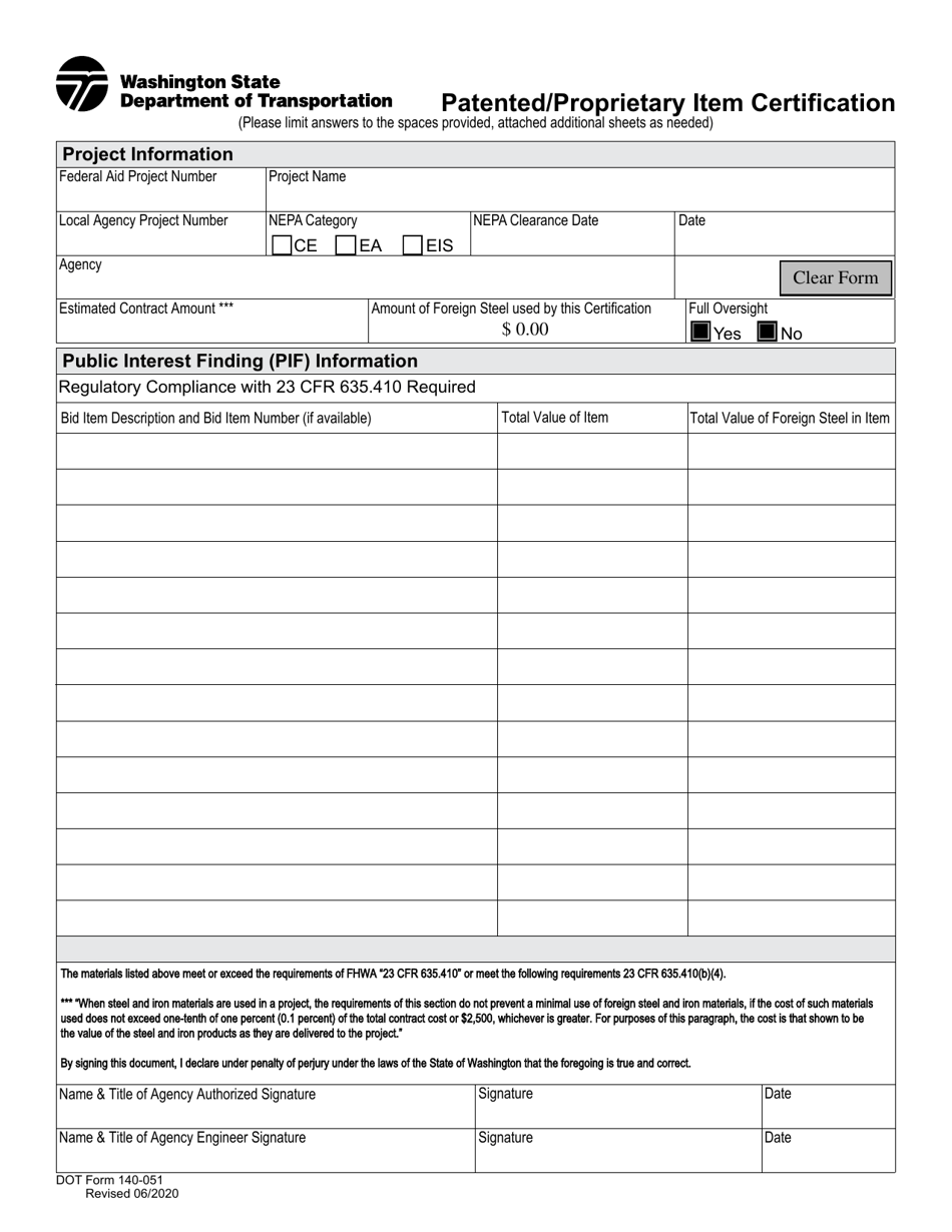 DOT Form 140-051 Patented / Proprietary Item Certification - Washington, Page 1