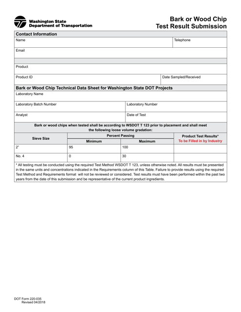 DOT Form 220-035 Bark or Wood Chip Test Result Submission - Washington