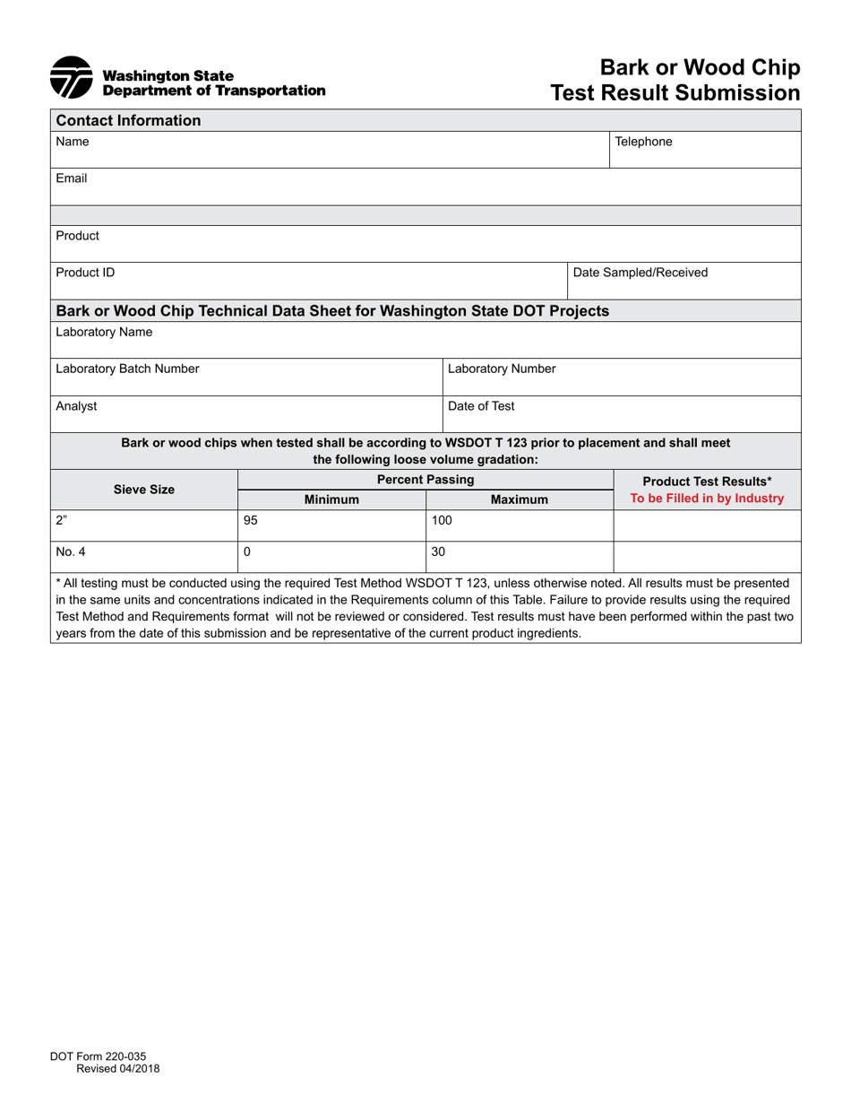 DOT Form 220-035 Bark or Wood Chip Test Result Submission - Washington, Page 1