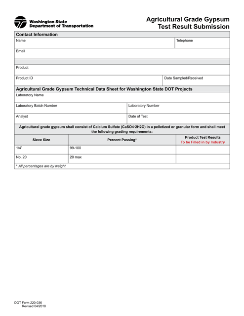 DOT Form 220-036 Agricultural Grade Gypsum Test Result Submission - Washington
