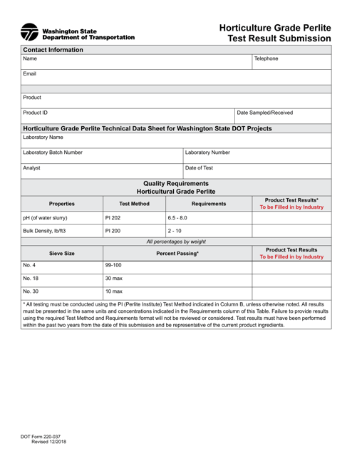 DOT Form 220-037 Horticulture Grade Perlite Test Result Submission - Washington