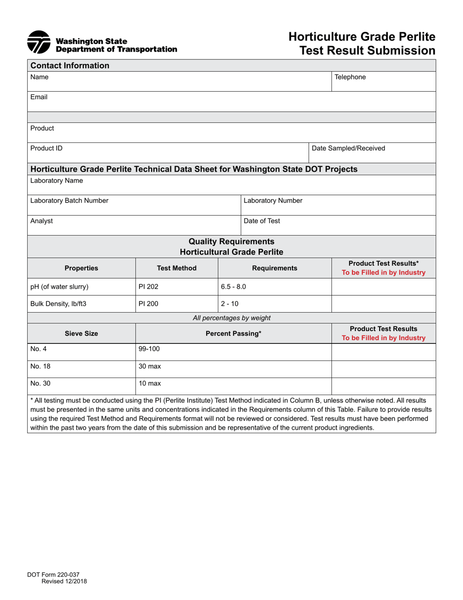 DOT Form 220-037 Horticulture Grade Perlite Test Result Submission - Washington, Page 1