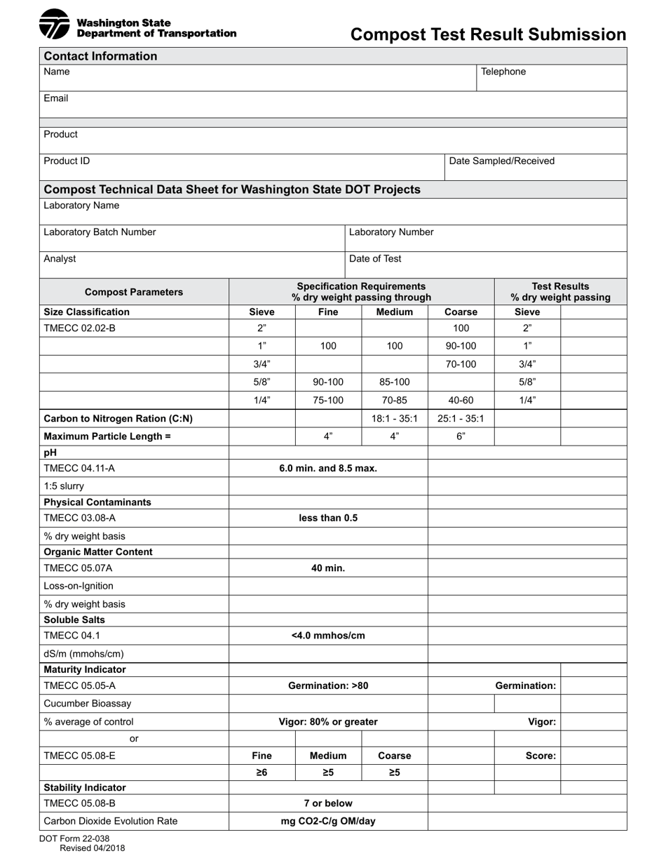 DOT Form 22-038 Compost Test Result Submission - Washington, Page 1