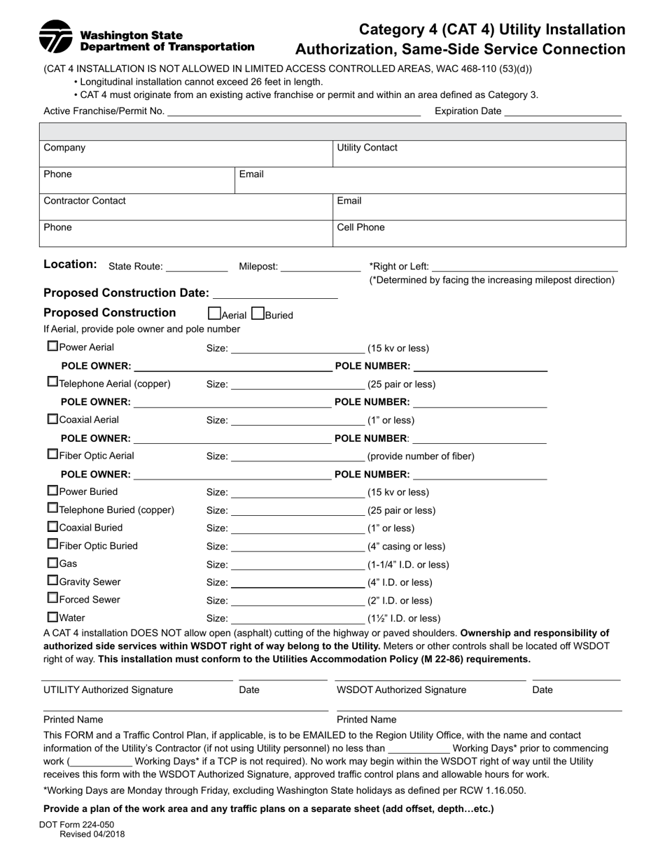 DOT Form 224-050 Category 4 (Cat 4) Utility Installation Authorization, Same-Side Service Connection - Washington, Page 1