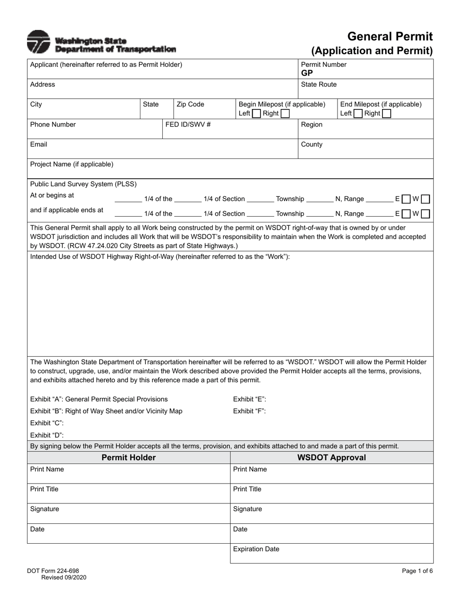DOT Form 224-698 Application for General Permit - Washington, Page 1