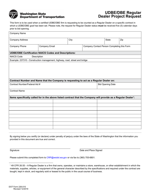DOT Form 226-015 Udbe/Dbe Regular Dealer Project Request - Washington