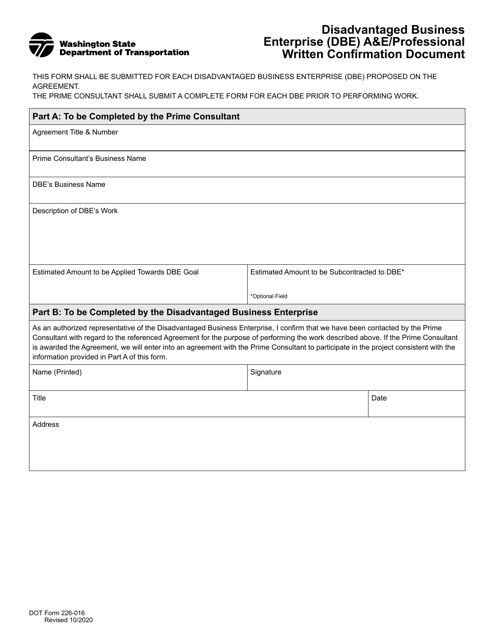 DOT Form 226-016  Printable Pdf
