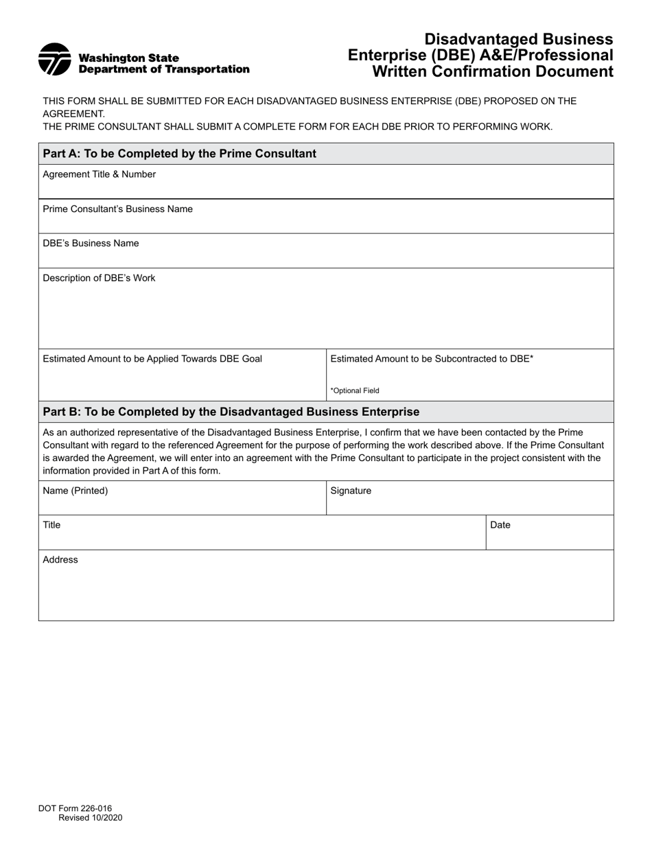 DOT Form 226-016 Disadvantaged Business Enterprise (Dbe) ae / Professional Written Confirmation Document - Washington, Page 1