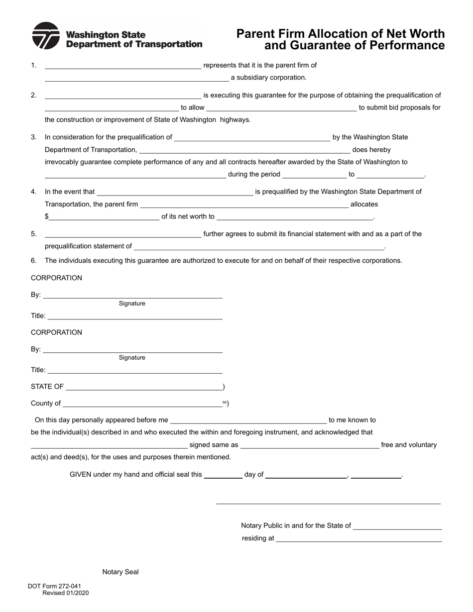 DOT Form 272-041 Parent Firm Allocation of Net Worth and Guarantee of Performance - Washington, Page 1