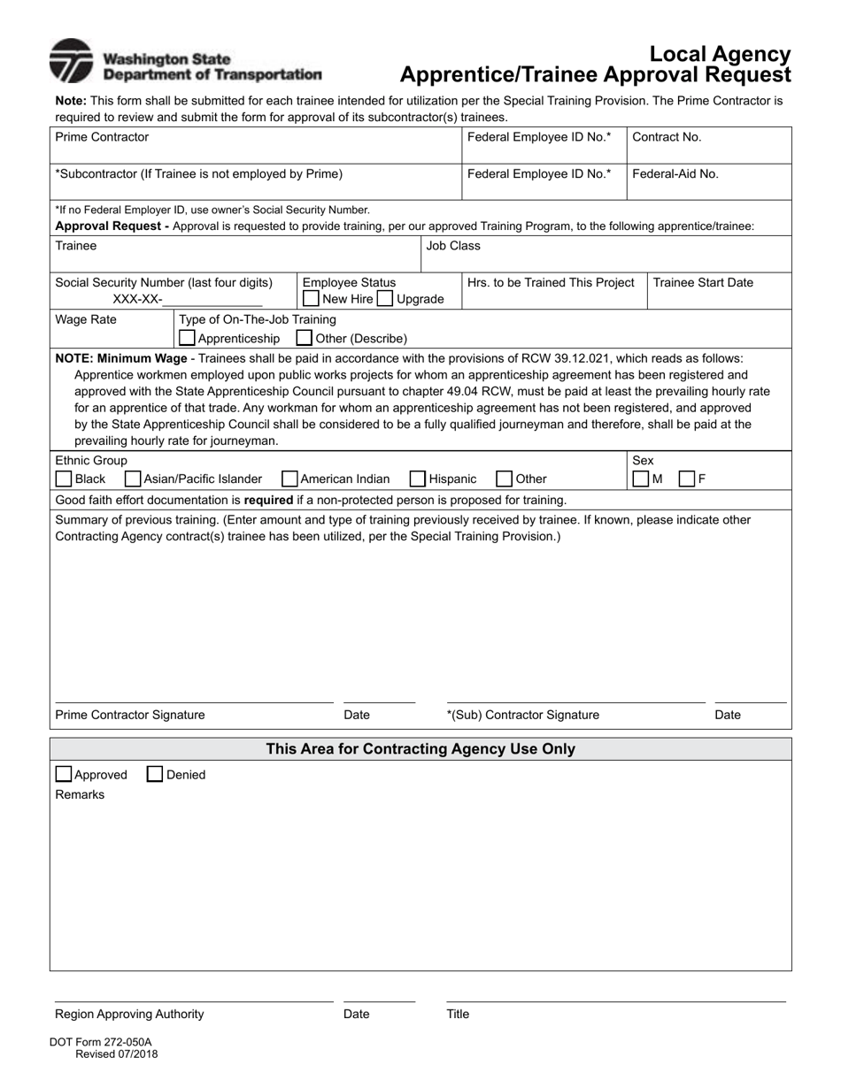 DOT Form 272-050A Local Agency Apprentice / Trainee Approval Request - Washington, Page 1